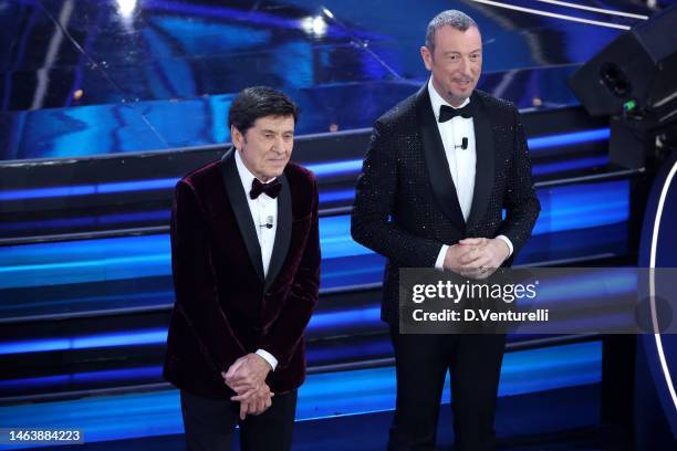 Gianni Morandi and Amadeus attend the 73rd Sanremo Music Festival 2023 at Teatro Ariston on February 07, 2023 in Sanremo, Italy.