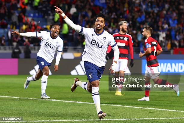 Salem Aldawsari of Al Hilal SFC celebrates scoring his side's second goal during the FIFA Club World Cup Morocco 2022 Semi Final match between...