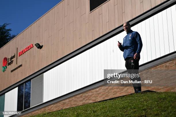 Steve Borthwick, Head Coach of England looks on during a training session at Pennyhill Park on February 07, 2023 in Bagshot, England.