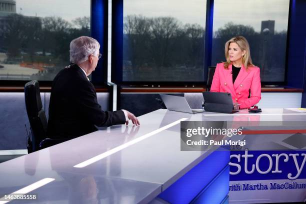 Sen. Mitch McConnell and Martha MacCallum speak during FOX News Channel’s “The Story with Martha MacCallum” at the FOX News D.C. Bureau on February...