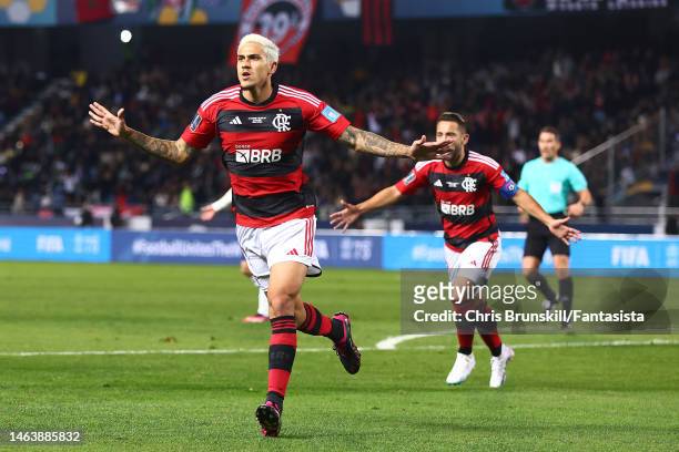 Pedro of Flamengo celebrates scoring his side's first goal during the FIFA Club World Cup Morocco 2022 Semi Final match between Flamengo v Al Hilal...