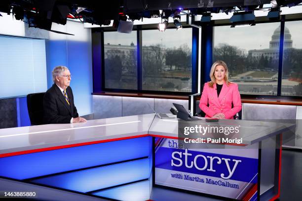 Sen. Mitch McConnell and Martha MacCallum speak during FOX News Channel’s “The Story with Martha MacCallum” at the FOX News D.C. Bureau on February...