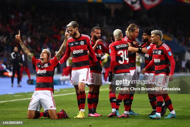 Pedro of Flamengo celebrates scoring his side's first goal during the FIFA Club World Cup Morocco 2022 Semi Final match between Flamengo v Al Hilal...