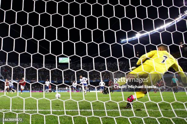 Salem Aldawsari of Al Hilal scores the team's second goal from the penalty spot past Santos of Flamengo during the FIFA Club World Cup Morocco 2022...