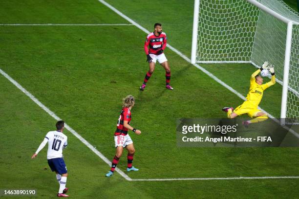 Luciano Vietto of Al Hilal scores the team's third goal past Santos of Flamengo during the FIFA Club World Cup Morocco 2022 Semi Final match between...