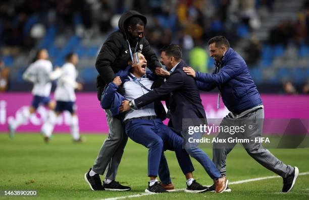Ramon Diaz, Head Coach of Al Hilal, celebrates with staff after their sides third goal during the FIFA Club World Cup Morocco 2022 Semi Final match...