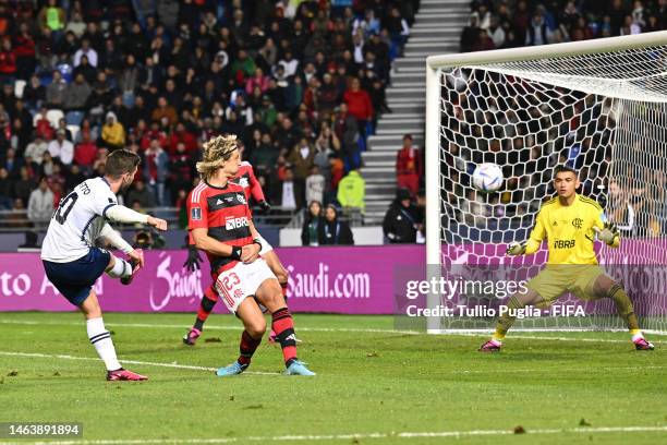 Luciano Vietto of Al Hilal scores the team's third goal past Santos of Flamengo during the FIFA Club World Cup Morocco 2022 Semi Final match between...