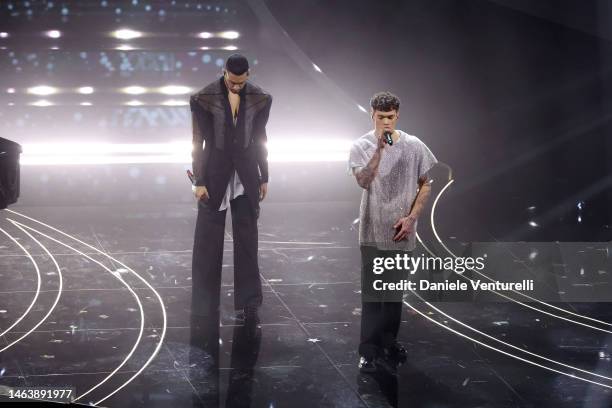 Mahmood and Blanco attend the 73rd Sanremo Music Festival 2023 at Teatro Ariston on February 07, 2023 in Sanremo, Italy.