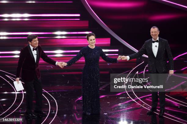 Gianni Morandi, Elena Sofia Ricci and Amadeus attend the 73rd Sanremo Music Festival 2023 at Teatro Ariston on February 07, 2023 in Sanremo, Italy.