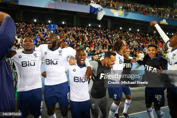 Moussa Marega of Al Hilal celebrates with teammates after the team's victory during the FIFA Club World Cup Morocco 2022 Semi Final match between...