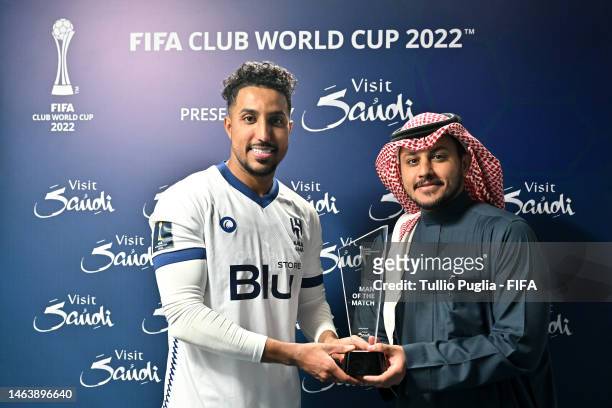 Salem Aldawsari of Al Hilal poses for a photo with Abdullah Alowain the Visit Saudi Man Of The Match award after their sides victory during the FIFA...