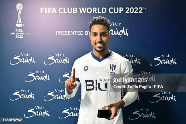 Salem Aldawsari of Al Hilal poses for a photo with the Visit Saudi Man Of The Match award after their sides victory during the FIFA Club World Cup...