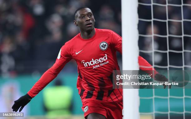 Randal Kolo Muani of Frankfurt celebrates scoring his team's fourth goal during the DFB Cup round of 16 match between Eintracht Frankfurt and SV...
