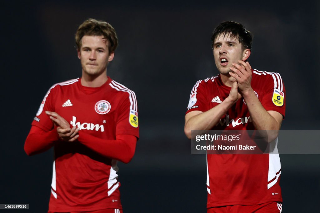 Seb Quirk Tommy Leigh and Seb Quirk of Accrington Stanley applauds the fans ...