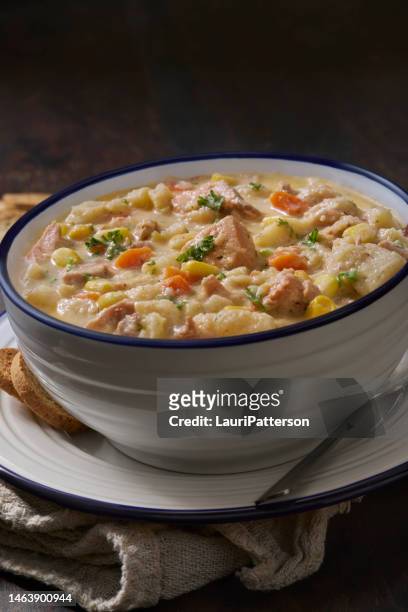 salmon and corn chowder - chaudiere stock pictures, royalty-free photos & images