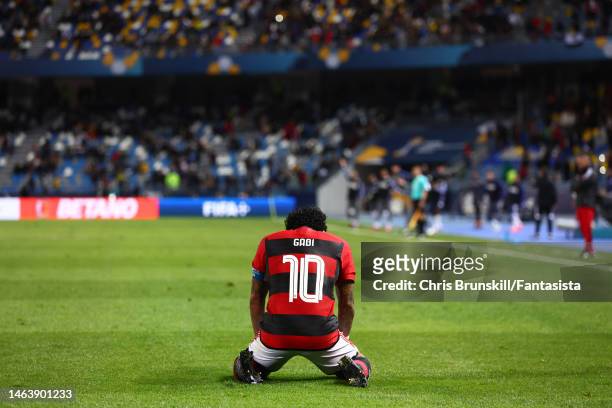 Gabriel Barbosa of Flamengo reacts during the FIFA Club World Cup Morocco 2022 Semi Final match between Flamengo v Al Hilal SFC at Stade Ibn-Batouta...