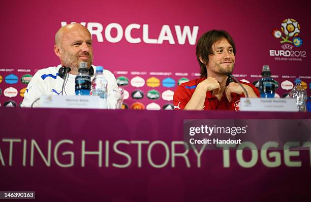 In this handout image provided by UEFA, Czech Republic coach Michal Bilek and Tomas Rosicky of Czech Republic talk to the media during a UEFA EURO...