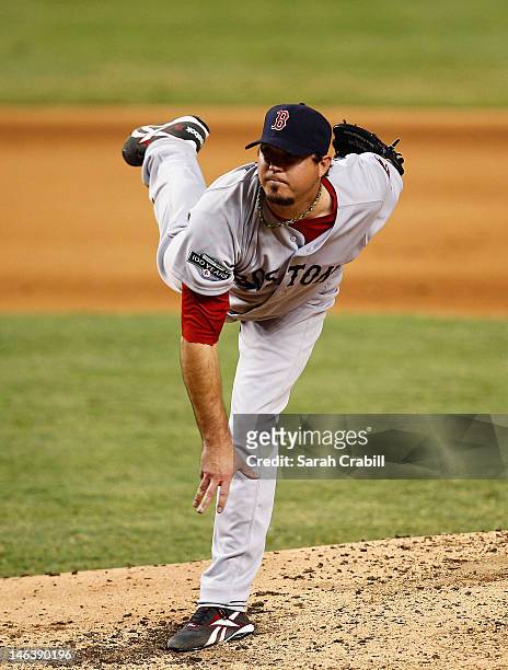 Josh Beckett of the Boston Red Sox pitches during an interleague game against the Miami Marlins at Marlins Park on June 11, 2012 in Miami, Florida....