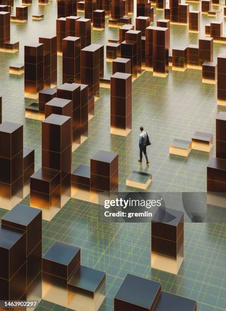 young businessman walking in vr environment - frosted glass stock pictures, royalty-free photos & images