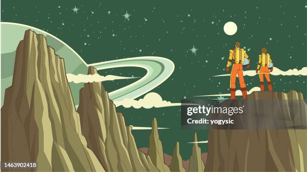 vector retro astronaut couple rear view 
helmets off exploring a new planet cartoon stock illustration - alien planet space stock illustrations