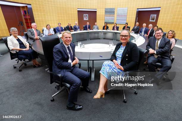 Prime Minister Chris Hipkins, Deputy Prime Minister Carmel Sepuloni and cabinet ministers pose during a cabinet meeting at Parliament on February 08,...