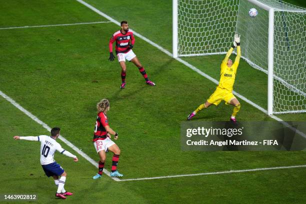 Luciano Vietto of Al Hilal scores the team's third goal past Santos of Flamengo during the FIFA Club World Cup Morocco 2022 Semi Final match between...