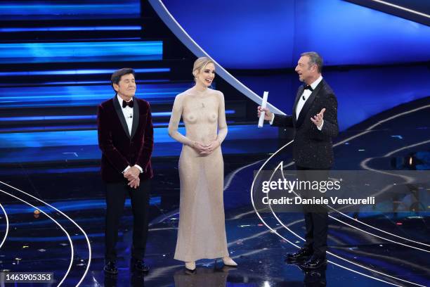 Gianni Morandi, Chiara Ferragni and Amadeus attend the 73rd Sanremo Music Festival 2023 at Teatro Ariston on February 07, 2023 in Sanremo, Italy.