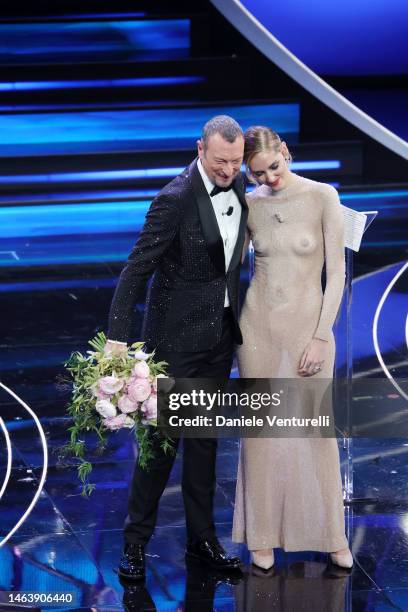 Amadeus and Chiara Ferragni attends the 73rd Sanremo Music Festival 2023 at Teatro Ariston on February 07, 2023 in Sanremo, Italy.