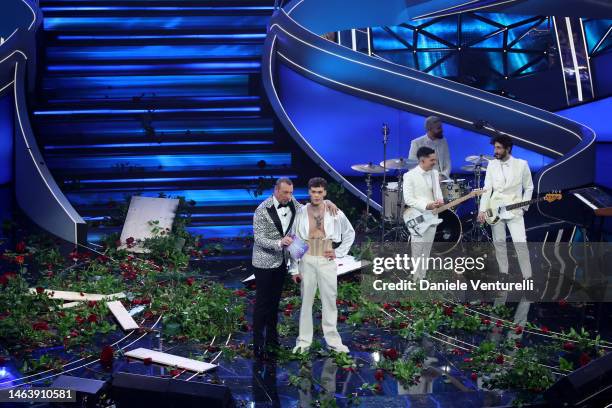 Amadeus and Blanco attend the 73rd Sanremo Music Festival 2023 at Teatro Ariston on February 07, 2023 in Sanremo, Italy.