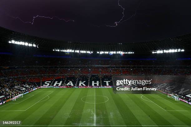 Play is suspended due to bad weather during the UEFA EURO 2012 group D match between Ukraine and France at Donbass Arena on June 15, 2012 in Donetsk,...