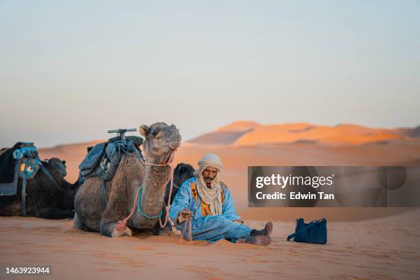 moroccan camel driver resting in sahara desert with camel - herders stock pictures, royalty-free photos & images