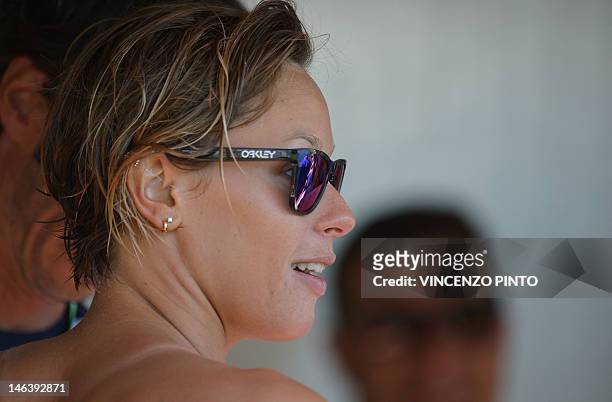 World champion Italian swimmer Federica Pellegrini looks on during the swimming event at the Settecolli Trophy on June 15, 2012 at Rome's Foro...