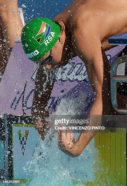 South African swimmer Chad Le Clos prepares to compete at the men's 200-metre butterfly final swimming event at the Settecolli Trophy on June 15,...