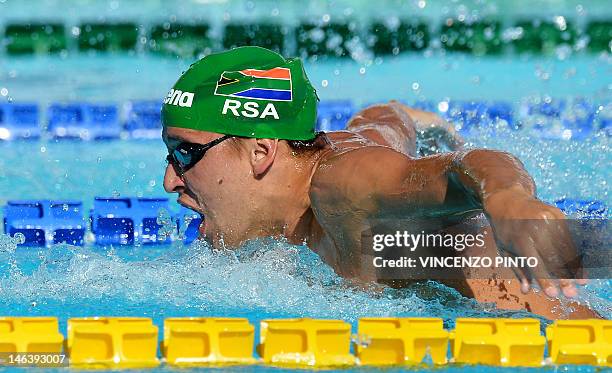 South African swimmer Chad Le Clos competes in the men's 200-metre butterfly final swimming event at the Settecolli Trophy on June 15, 2012 at Rome's...