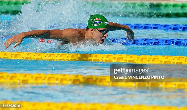 South African swimmer Chad Le Clos competes in the men's 200-metre butterfly final swimming event at the Settecolli Trophy on June 15, 2012 at Rome's...