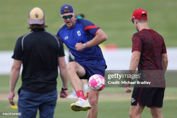 New Zealand XI Kyle Jamieson warms up during day one of the Tour match between New Zealand XI and England at Seddon Park on February 08, 2023 in...