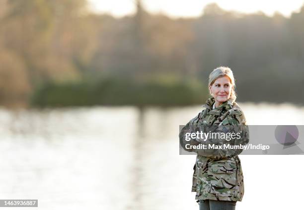 Sophie, Countess of Wessex watches the rafting challenge as she attends the Countess of Wessex Cup at Gibraltar Barracks on February 7, 2023 in...