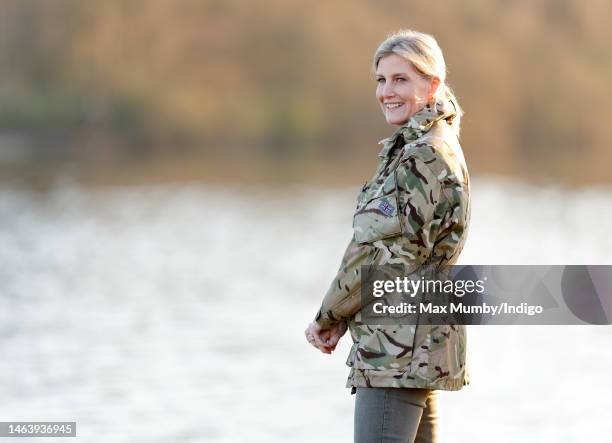 Sophie, Countess of Wessex watches the rafting challenge as she attends the Countess of Wessex Cup at Gibraltar Barracks on February 7, 2023 in...