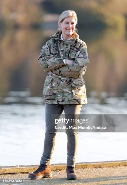 Sophie, Countess of Wessex watches the rafting challenge as she attends the Countess of Wessex Cup at Gibraltar Barracks on February 7, 2023 in...