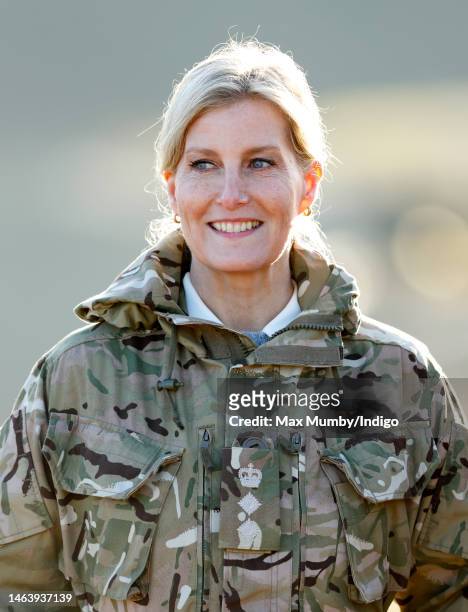 Sophie, Countess of Wessex watches the rafting challenge as she attends the Countess of Wessex Cup at Gibraltar Barracks on February 7, 2023 in...