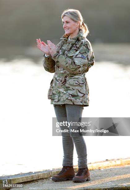 Sophie, Countess of Wessex watches the rafting challenge as she attends the Countess of Wessex Cup at Gibraltar Barracks on February 7, 2023 in...