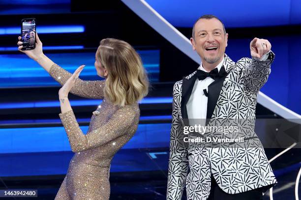 Chiara Ferragni and Amadeus attend the 73rd Sanremo Music Festival 2023 at Teatro Ariston on February 07, 2023 in Sanremo, Italy.