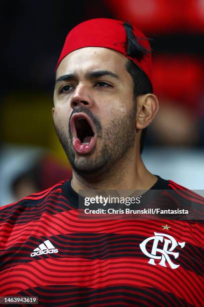 Flamengo fan supports his team during the FIFA Club World Cup Morocco 2022 Semi Final match between Flamengo v Al Hilal SFC at Stade Ibn-Batouta on...