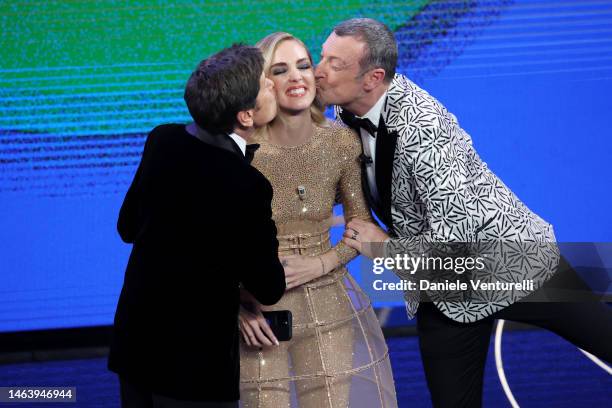 Gianni Morandi, Chiara Ferragni and Amadeus attend the 73rd Sanremo Music Festival 2023 at Teatro Ariston on February 07, 2023 in Sanremo, Italy.