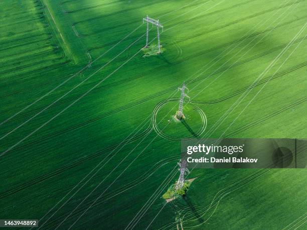 aerial view of electric poles in green wheat fields. renewable energy. - electricity pylon imagens e fotografias de stock