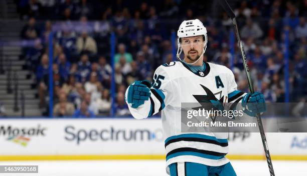 Erik Karlsson of the San Jose Sharks celebrates a goal in the first period during a game against the Tampa Bay Lightning at Amalie Arena on February...