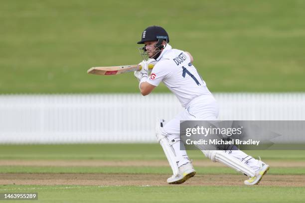 England’s Ben Duckett plays a shot during day one of the Tour match between New Zealand XI and England at Seddon Park on February 08, 2023 in...