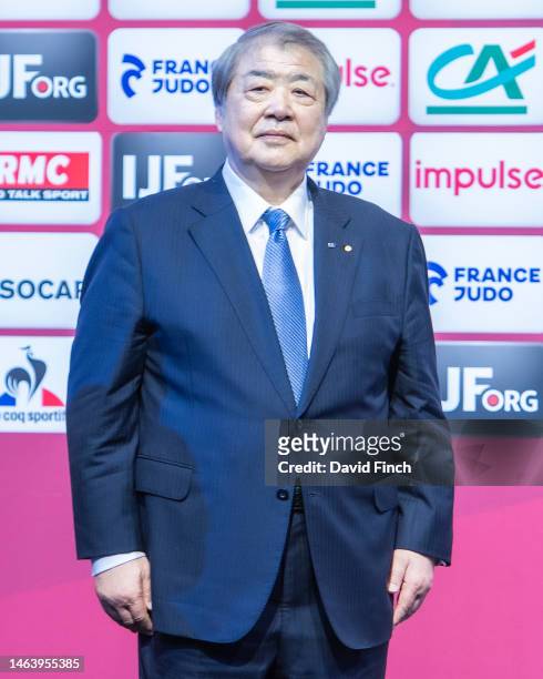 Olympic and 1975 World champion, Haruki Uemura of Japan presented the u66kg medals during day 1 of the 2023 Paris Judo Grand Slam at the Accorhotels...