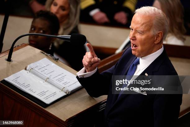 President Joe Biden delivers his State of the Union address during a joint meeting of Congress in the House Chamber of the U.S. Capitol on February...