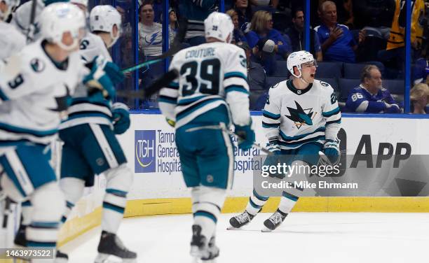 Timo Meier of the San Jose Sharks celebrates a goal in overtime during a game against the Tampa Bay Lightning at Amalie Arena on February 07, 2023 in...